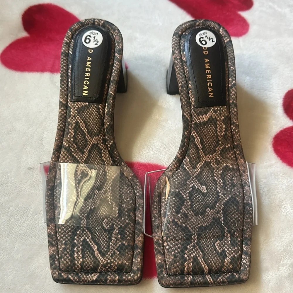 Good American Block Heel Slide Sandal Desert Snake Size 6.5